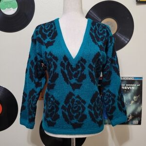EZ Spirit | Vintage Teal and Black Rose Pattern V-Neck Sweater